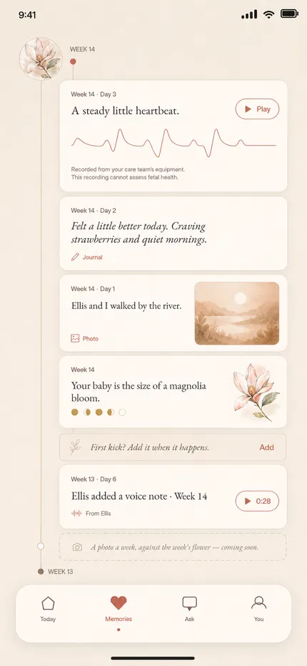 The Memories timeline in Zohra — photographs, letters, and sounds in week order