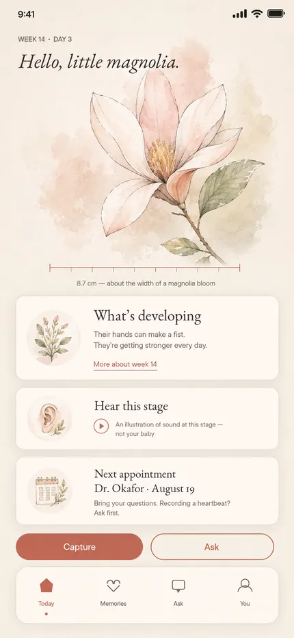 The weekly page in Zohra — the week’s flower, size, and entry